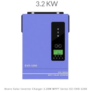 سانورتر 3.2 کیلووات Anern مدل SCI-EVO-3200 با کنترلر MPPT و توان لحظه‌ای 6400 وات، سازگار با باتری لیتیوم، WiFi داخلی و راندمان بالا، مناسب سیستم‌های خورشیدی 24 ولتی.