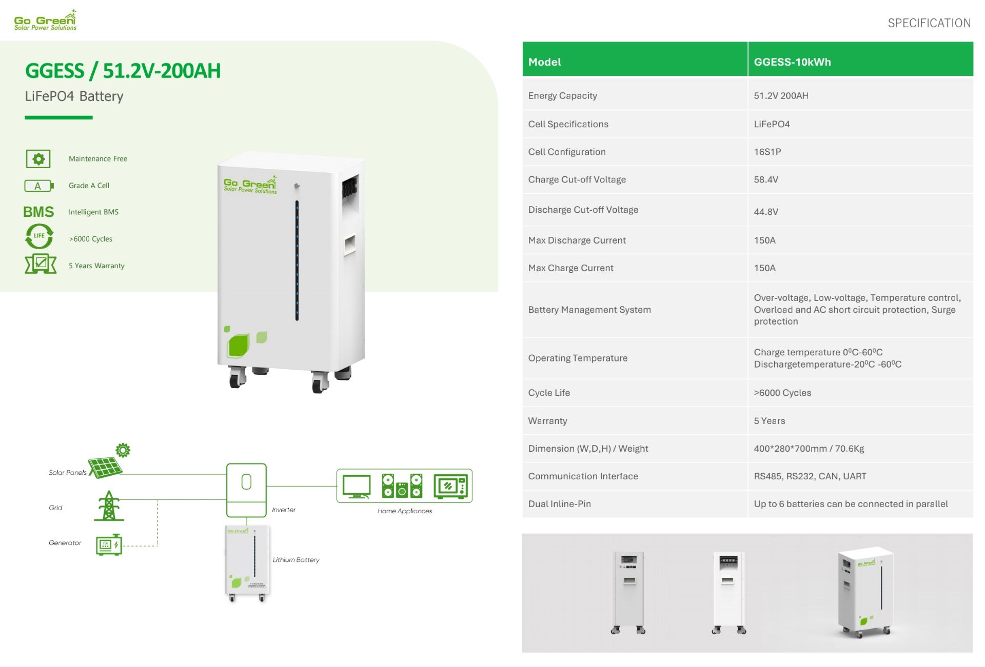 باتری لیتیومی ۵۱.۲ ولت ۲۰۰Ah Go Green GGESS-10kWh | انرژی ۱۰kWh و چرخه >۶۰۰۰