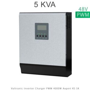 اینورتر شارژر 5KVA برند Voltronic مدل Axpert KS 5K با تکنولوژی PWM و موج تمام سینوسی، مناسب برای سیستم خورشیدی 48 ولت، توان مستمر 4000 وات و شارژ باتری از برق شهر. ایده‌آل برای پنل خورشیدی با ولتاژ مدار باز 105V و جریان 50A. خرید و نصب آسان با مانیتورینگ دیجیتال و حفاظت کامل.