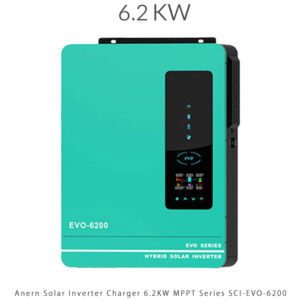 سانورتر 6.2KW برند Anern مدل SCI-EVO-6200 با تکنولوژی MPPT، موج تمام سینوسی و ورودی باتری 48 ولت، مناسب پنل خورشیدی تا 6500 وات، توان مستمر 6200 وات و توان لحظه‌ای 12400 وات. دارای نمایشگر دیجیتال، اتصال WIFI و قابلیت کار بدون باتری.