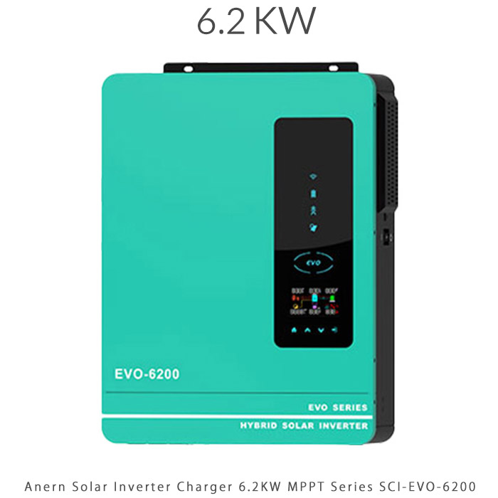 سانورتر 6.2KW برند Anern مدل SCI-EVO-6200 با تکنولوژی MPPT، موج تمام سینوسی و ورودی باتری 48 ولت، مناسب پنل خورشیدی تا 6500 وات، توان مستمر 6200 وات و توان لحظهای 12400 وات. دارای نمایشگر دیجیتال، اتصال WIFI و قابلیت کار بدون باتری.